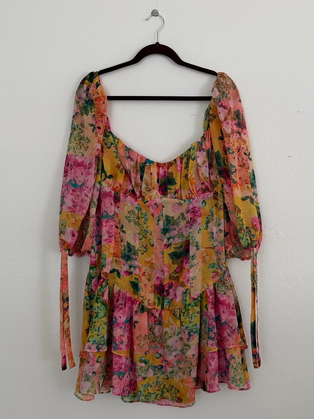 For Love & Lemons Yellow and Pink Floral Puff-Sleeve Mini Dress